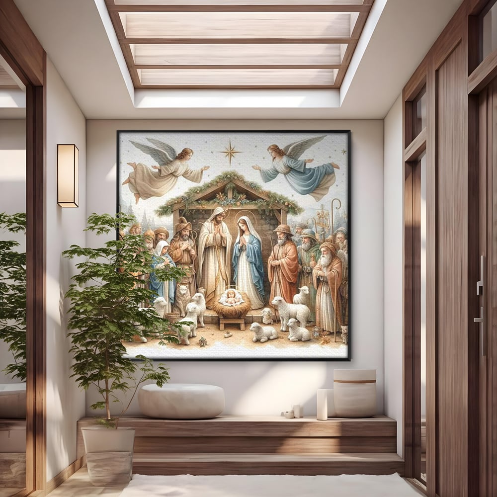 Tablou canvas cu ilustratie religioasa cu scena nasterii domnului, in rama de aluminiu negru